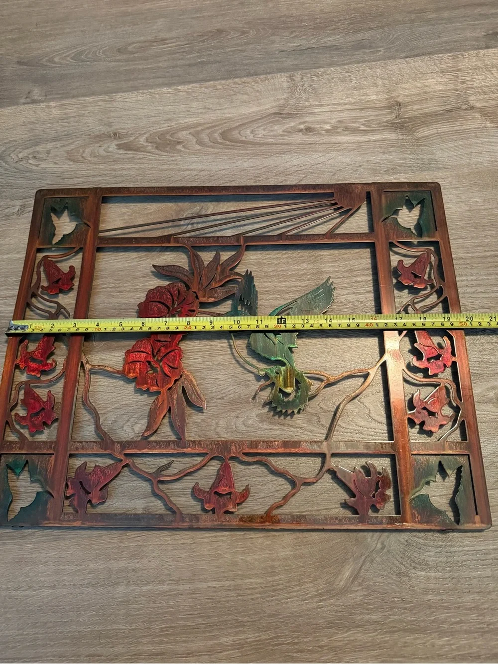 Handcrafted Wooden Hummingbird Wall Panel - Red & Green Accents